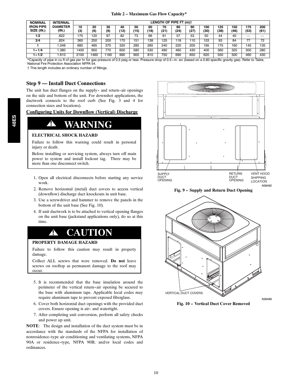 Warning, Caution, Step 9 — install duct connections | 48e s | Carrier SEER 48ES User Manual | Page 10 / 36