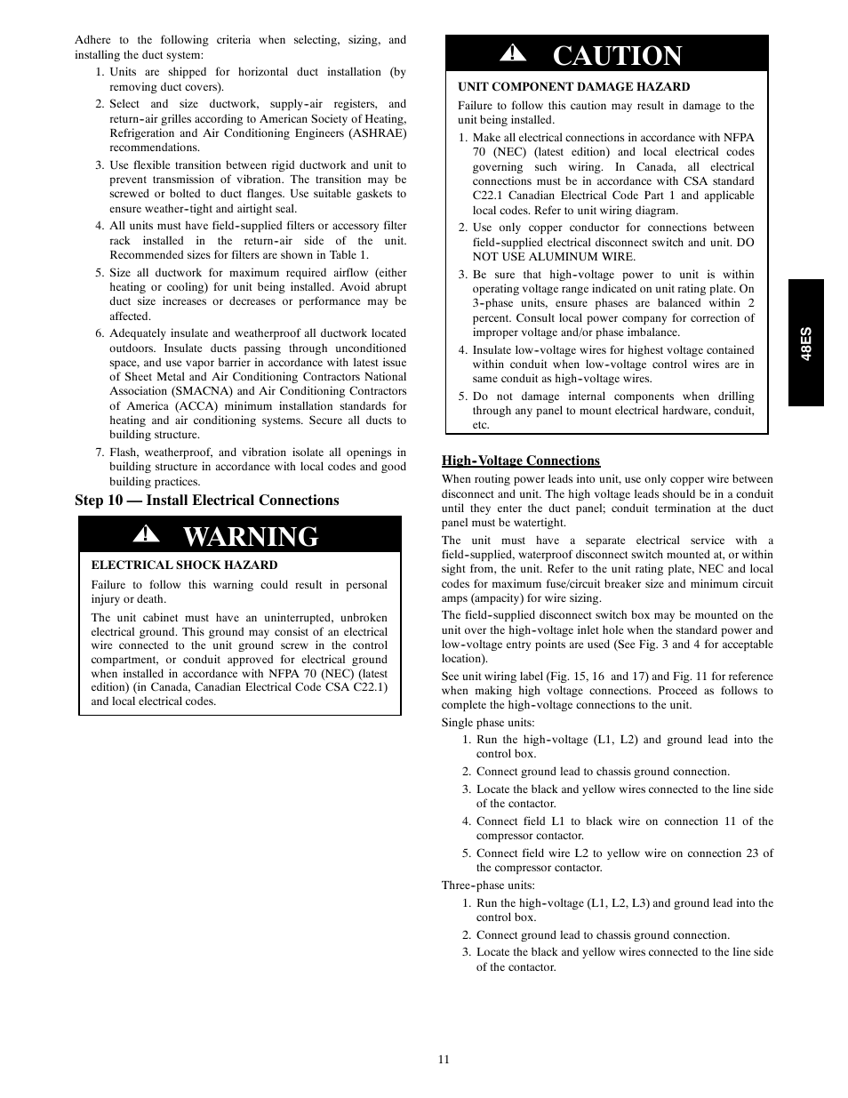 Warning, Caution | Carrier SEER 48ES User Manual | Page 11 / 36