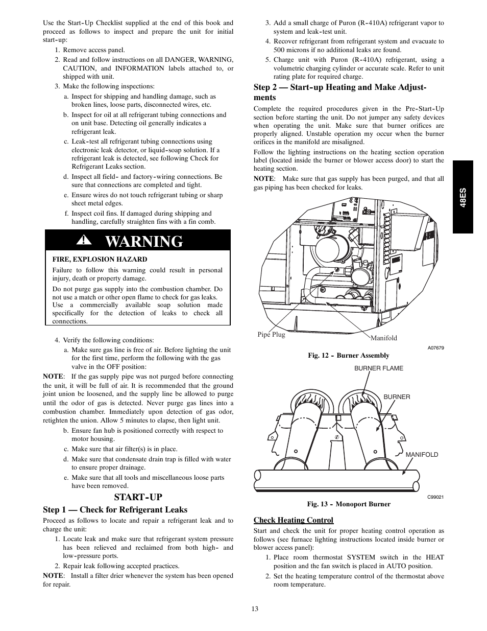 Warning, Start--up, Step 1 — check for refrigerant leaks | Step 2 — start--up heating and make adjust- ments | Carrier SEER 48ES User Manual | Page 13 / 36