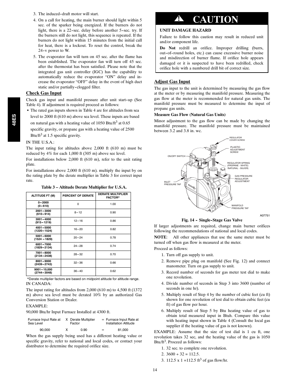 Caution, Check gas input, Adjust gas input | 48e s | Carrier SEER 48ES User Manual | Page 14 / 36