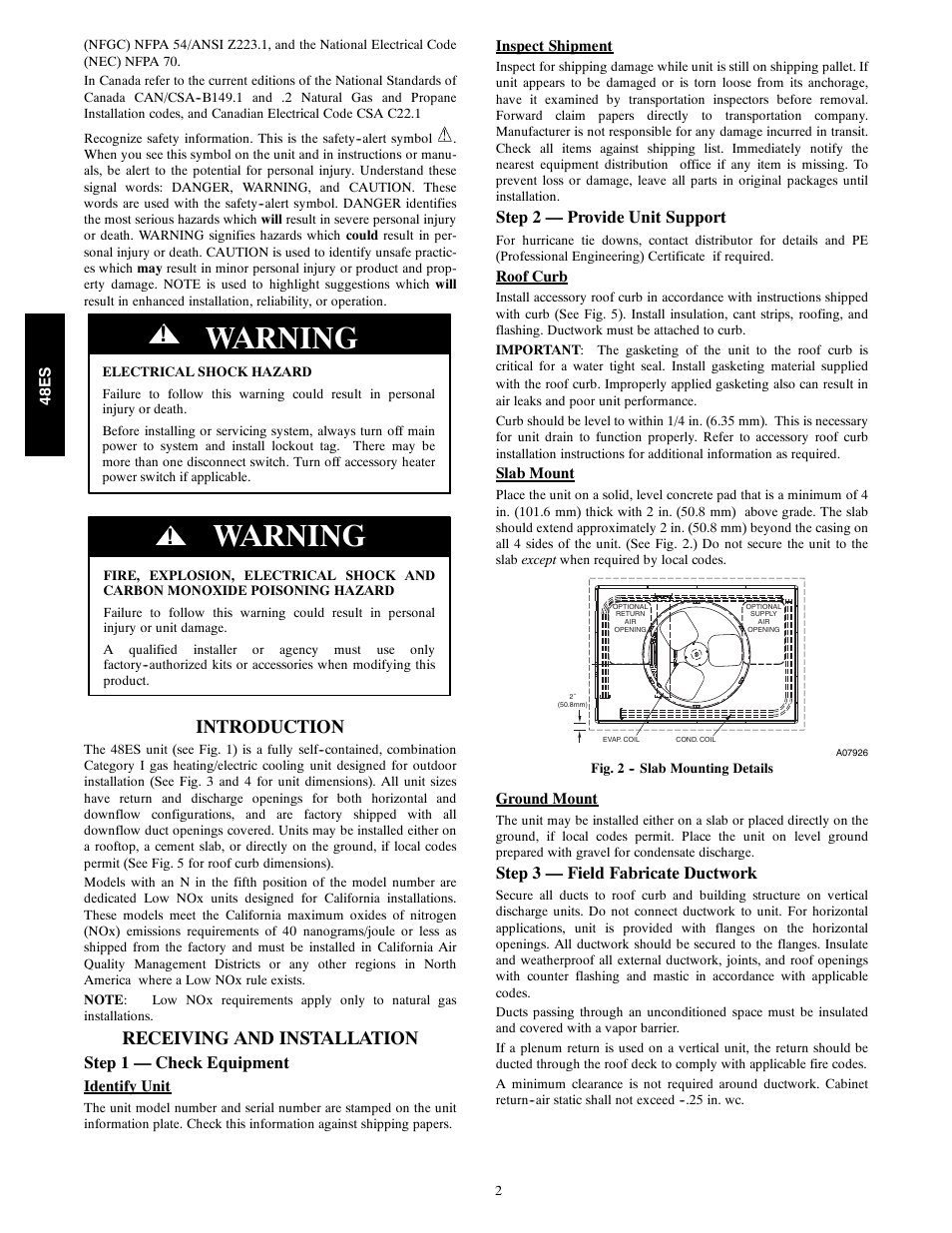 Warning, Introduction, Receiving and installation | Step 1 — check equipment, Step 2 — provide unit support, Step 3 — field fabricate ductwork | Carrier SEER 48ES User Manual | Page 2 / 36