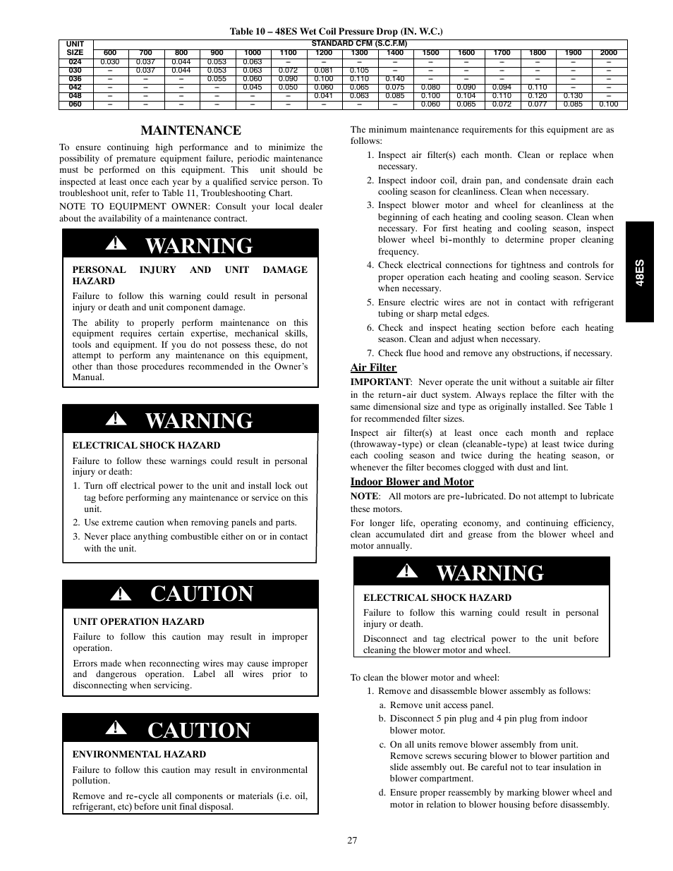 Warning, Caution, Maintenance | Carrier SEER 48ES User Manual | Page 27 / 36