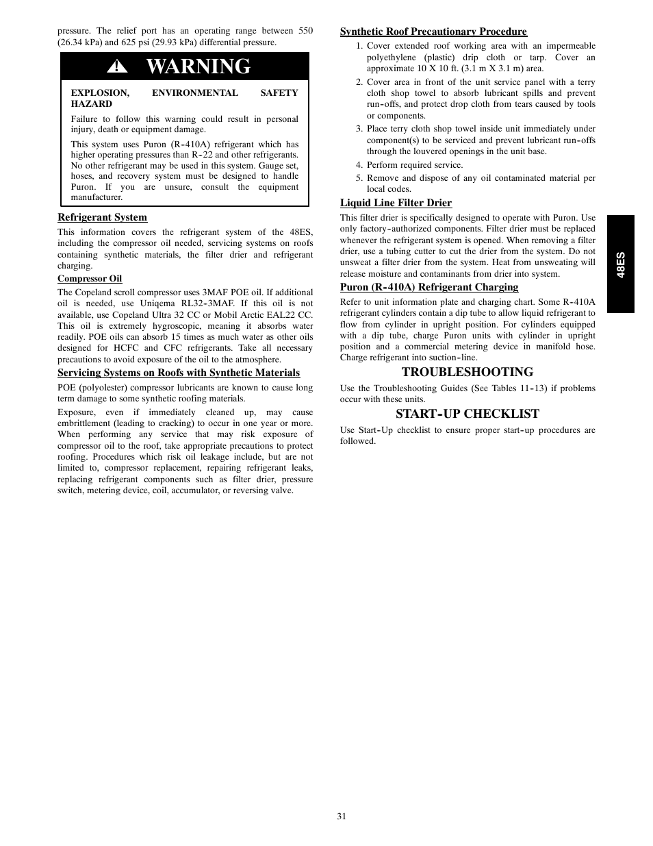 Warning, Troubleshooting, Start--up checklist | Carrier SEER 48ES User Manual | Page 31 / 36