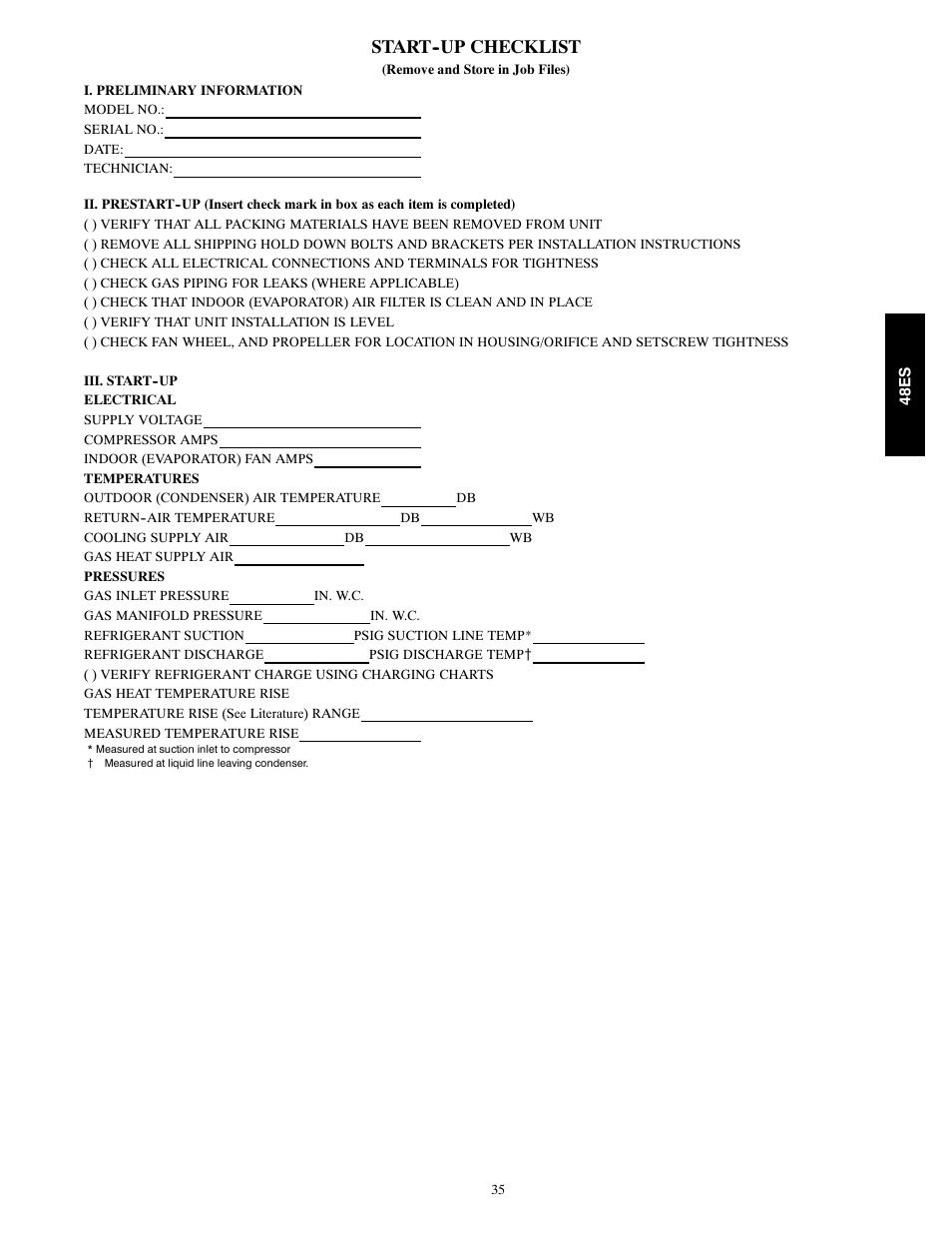 Start--up checklist | Carrier SEER 48ES User Manual | Page 35 / 36