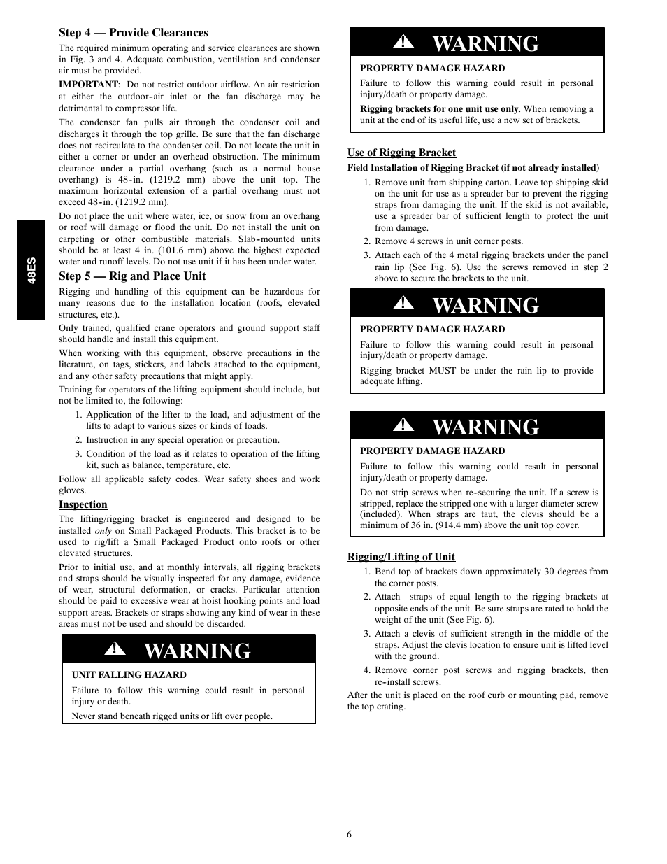 Warning | Carrier SEER 48ES User Manual | Page 6 / 36