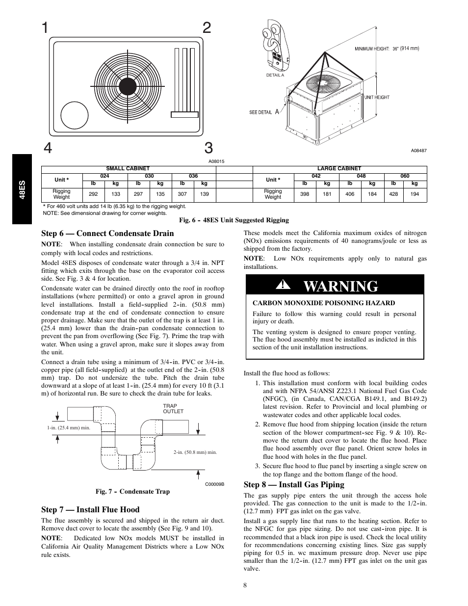 Warning, Step 6 — connect condensate drain, Step 7 — install flue hood | Step 8 — install gas piping | Carrier SEER 48ES User Manual | Page 8 / 36