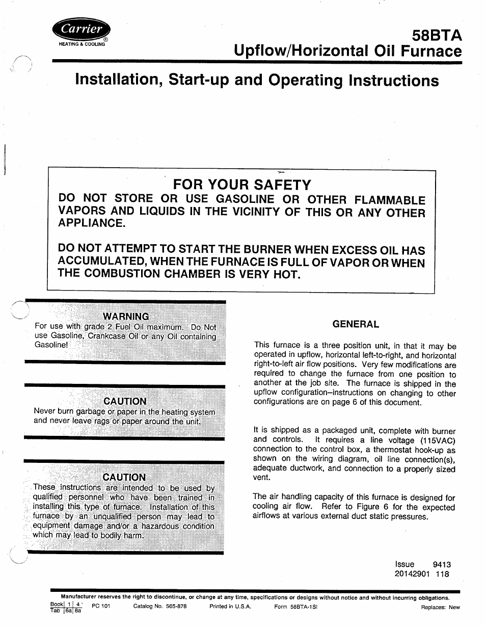 Carrier UPFLOW 58BTA User Manual | 20 pages