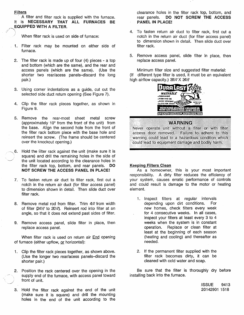 Filters, Warning, Keeping filters clean | Carrier UPFLOW 58BTA User Manual | Page 15 / 20