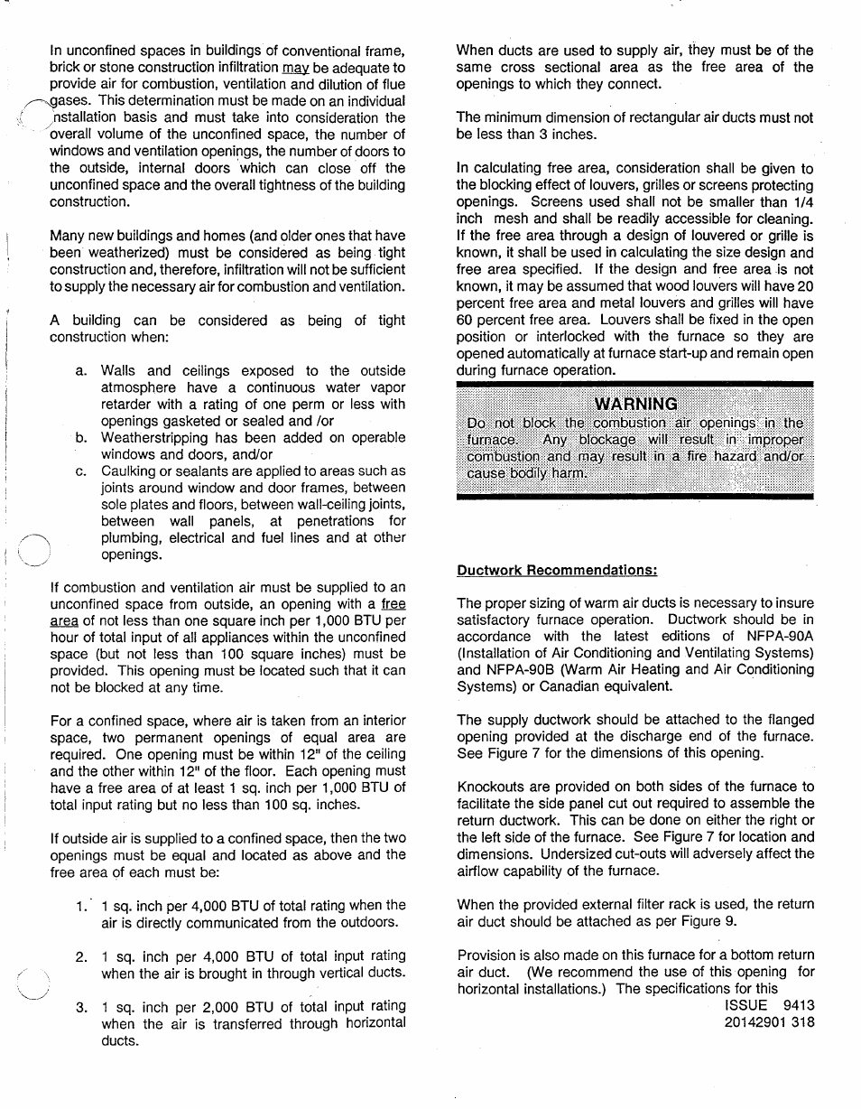 Warning, Ductwork recommendations | Carrier UPFLOW 58BTA User Manual | Page 3 / 20