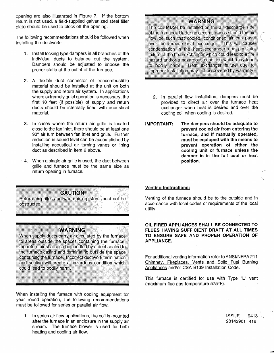 Warning, Important: the dampers should be adequate to, Caution | Venting instructions | Carrier UPFLOW 58BTA User Manual | Page 4 / 20