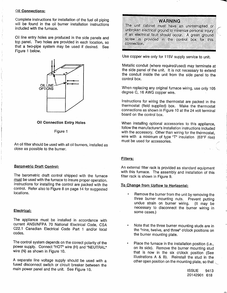 Oil connections, Warning, Filters | Barometric draft control, Electrical, To change from upflow to horizontal | Carrier UPFLOW 58BTA User Manual | Page 6 / 20