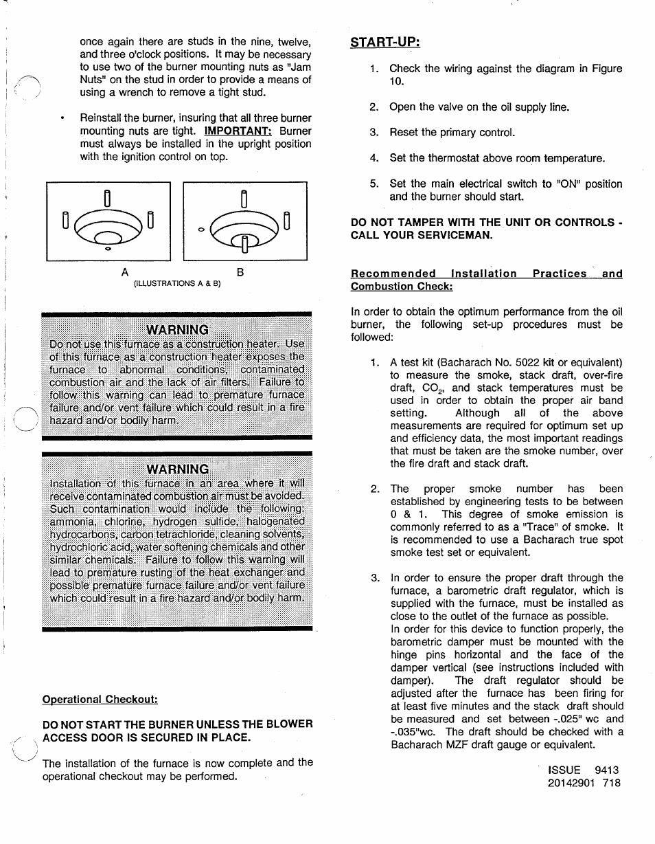 Start-up, Recommended installation combustion check, Warning | Operational checkout | Carrier UPFLOW 58BTA User Manual | Page 7 / 20