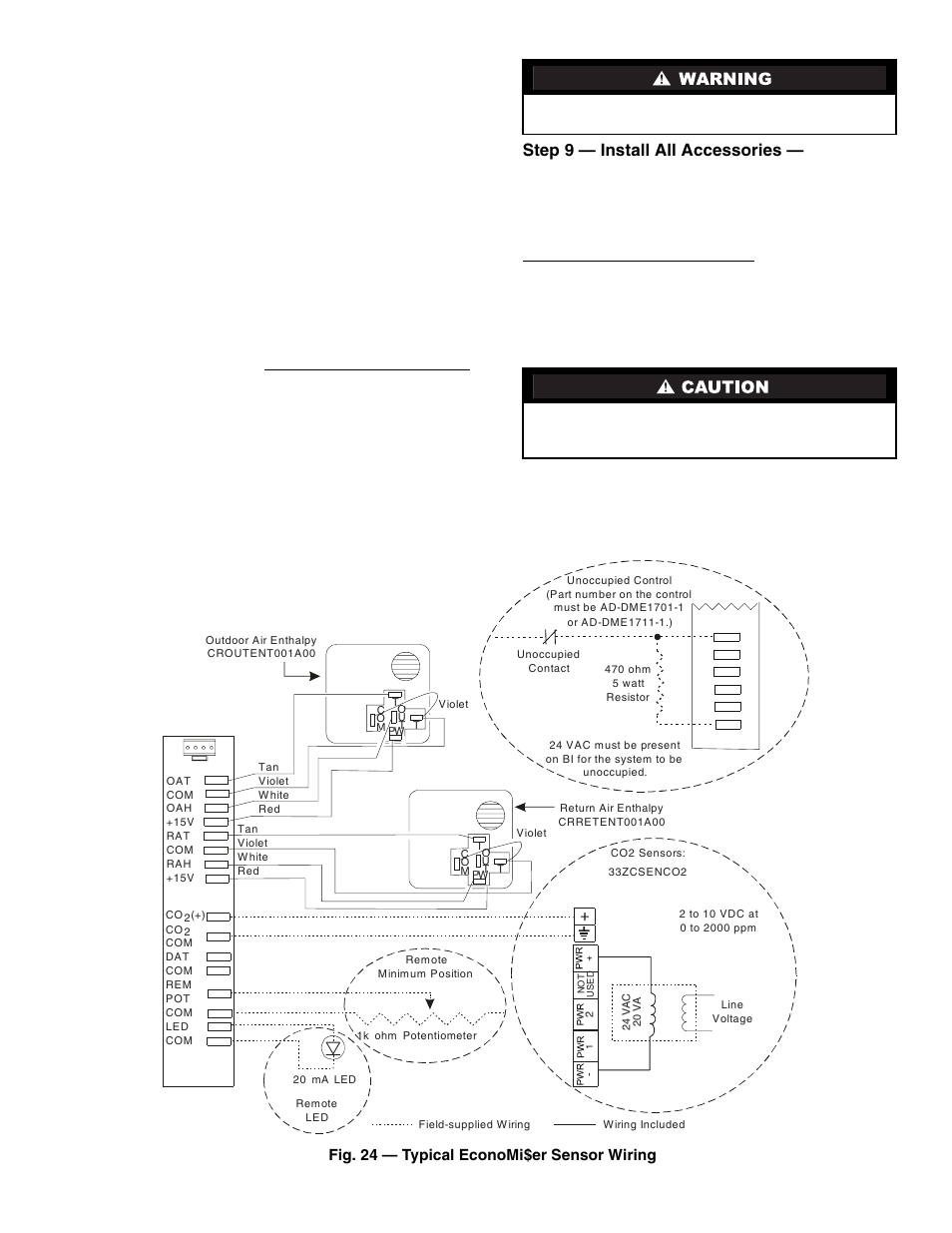 Step 9 — install all accessories, In. diameter and, Fig. 24 — typical economi$er sensor wiring | Carrier 50TJ016-028 User Manual | Page 15 / 36