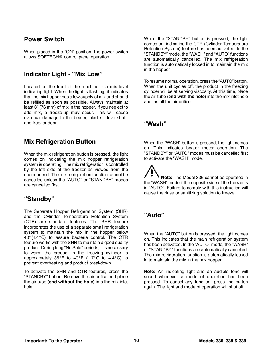 Power switch, Indicator light - “mix low, Mix refrigeration button | Standby, Wash, Auto | Carrier 336 User Manual | Page 14 / 49