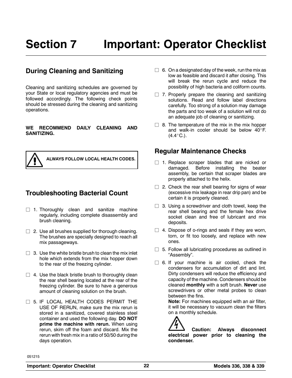 During cleaning and sanitizing, Troubleshooting bacterial count, Regular maintenance checks | Carrier 336 User Manual | Page 26 / 49