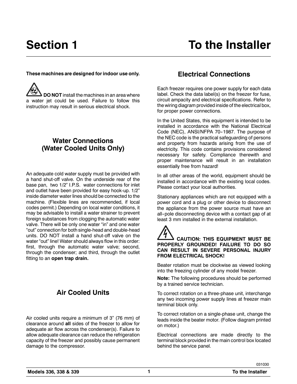Water connections (water cooled units only), Air cooled units, Electrical connections | Carrier 336 User Manual | Page 5 / 49