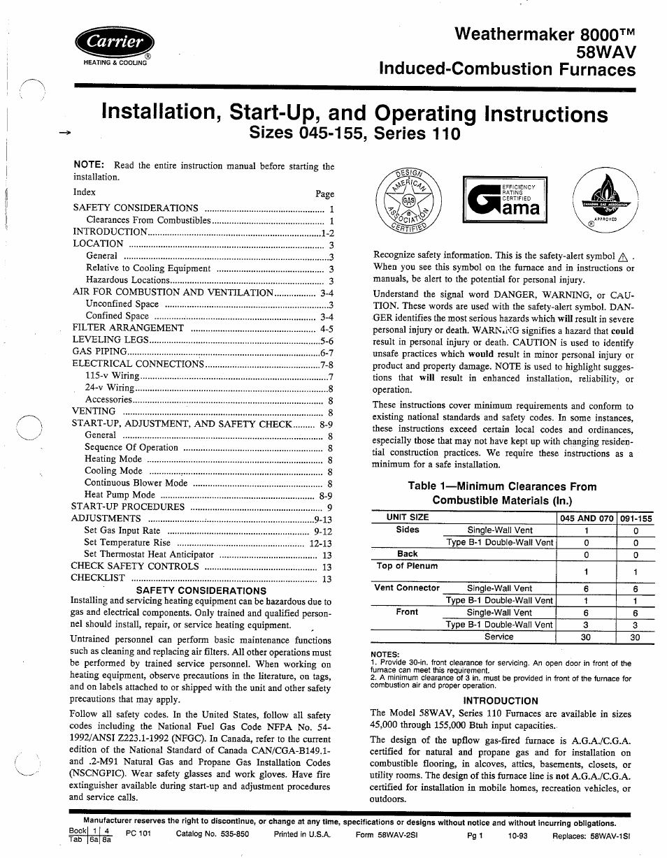 Carrier WEATHERMAKER 8000 58WAV User Manual | 14 pages