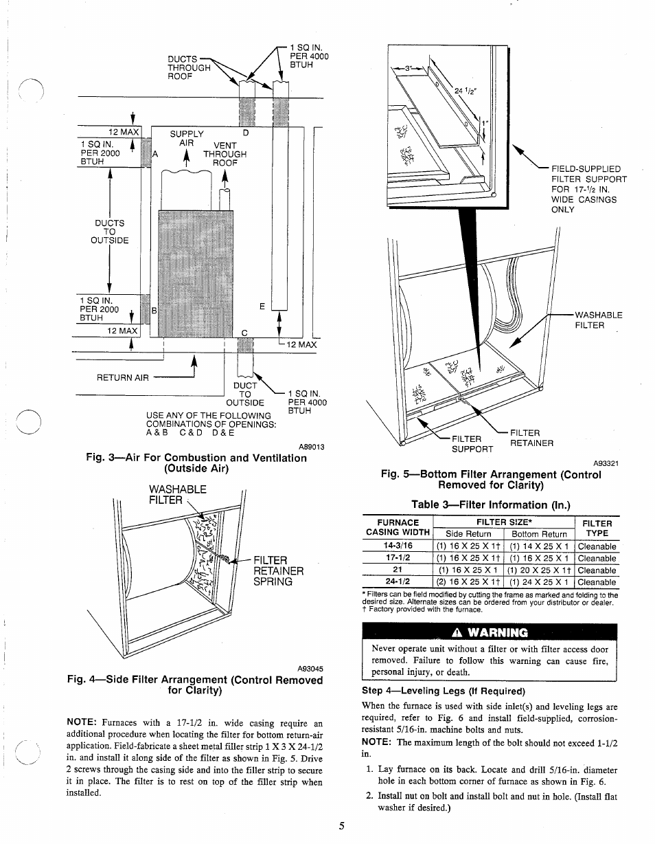 Air for combustion and ventilation (outside air), Filter, Retainer | Spring, A warning | Carrier WEATHERMAKER 8000 58WAV User Manual | Page 5 / 14