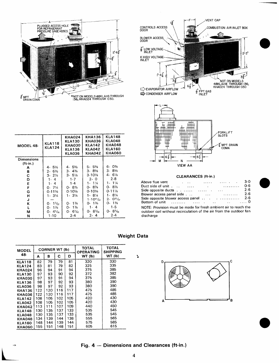 Weight data, Fig. 4 — dimensions and clearances (ft-in.) | Carrier 48KHA User Manual | Page 4 / 24