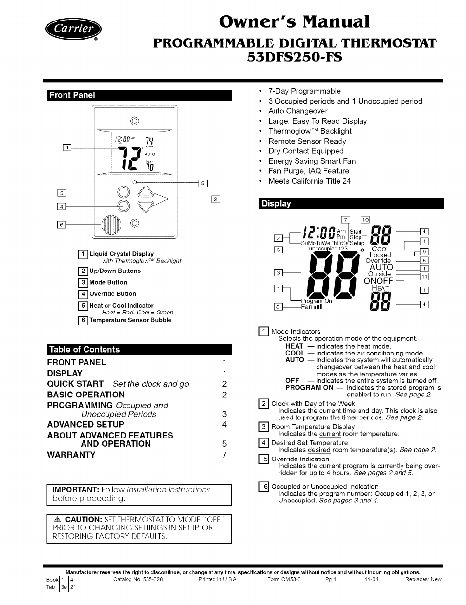 Carrier 53DFS250-FS User Manual | 8 pages