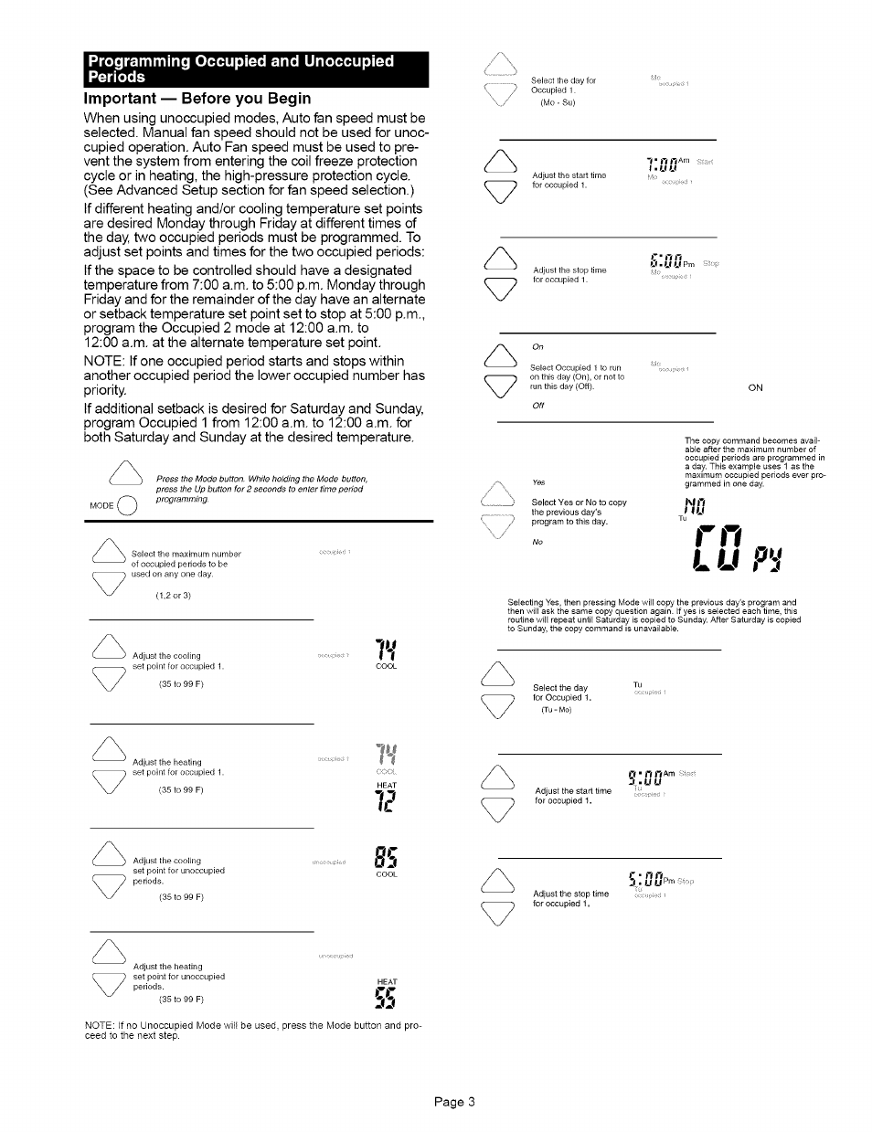 Important — before you begin, Programming occupied and unoccupied periods | Carrier 53DFS250-FS User Manual | Page 3 / 8