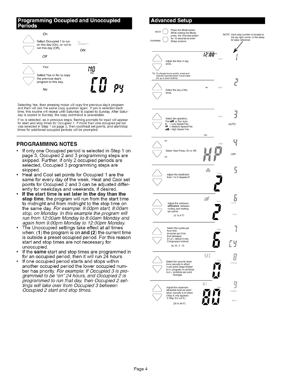 Advanced setup, Programming notes, 0 f'f | Programming occupied and unoccupied periods | Carrier 53DFS250-FS User Manual | Page 4 / 8
