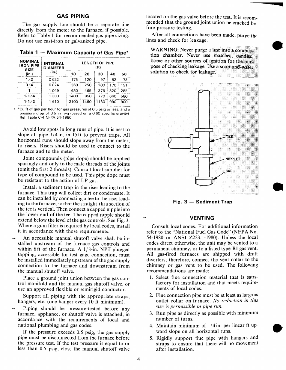 Gas piping, Table 1 — maximum capacity of gas pipe, Venting | Carrier 58 Series User Manual | Page 4 / 8
