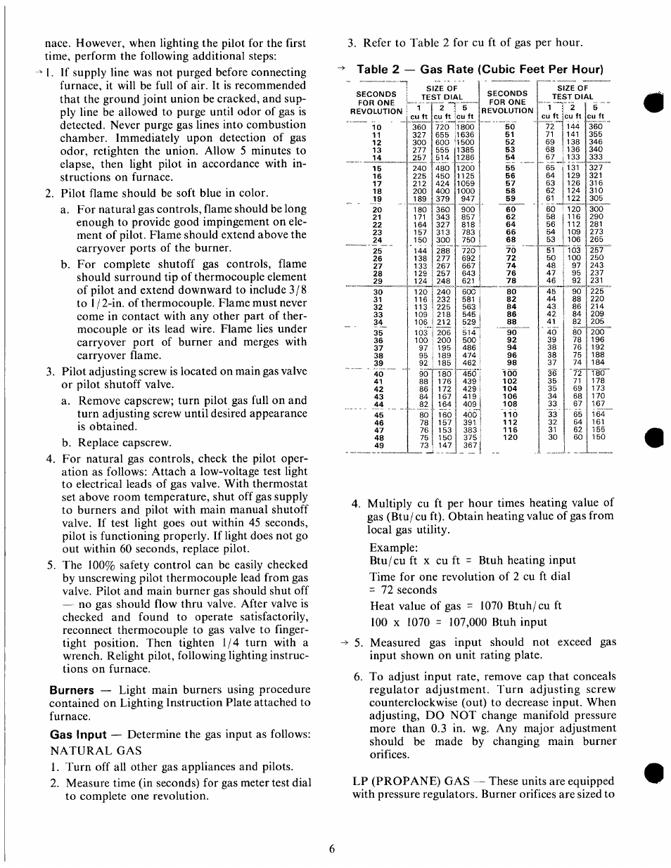 Burners, Gas input, Table 2 — gas rate (cubic feet per hour) | Carrier 58 Series User Manual | Page 6 / 8