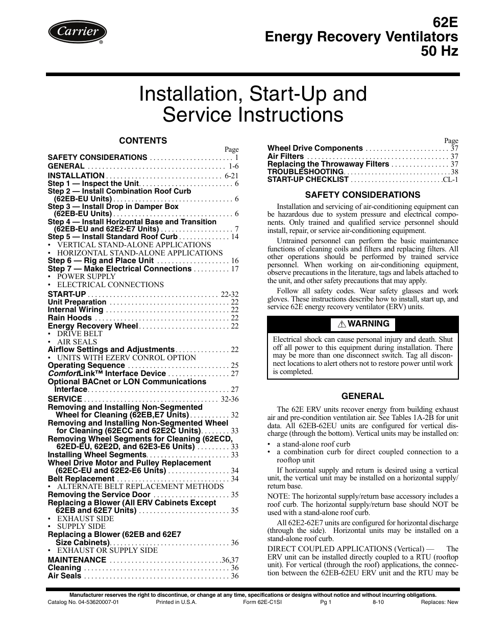 Carrier 62E User Manual | 40 pages