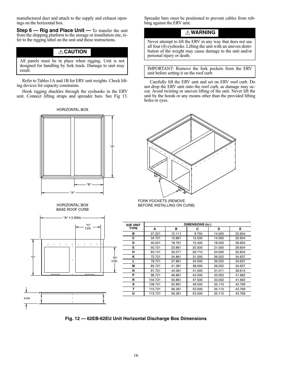 Step 6 — rig and place unit, Caution, Warning | Carrier 62E User Manual | Page 16 / 40