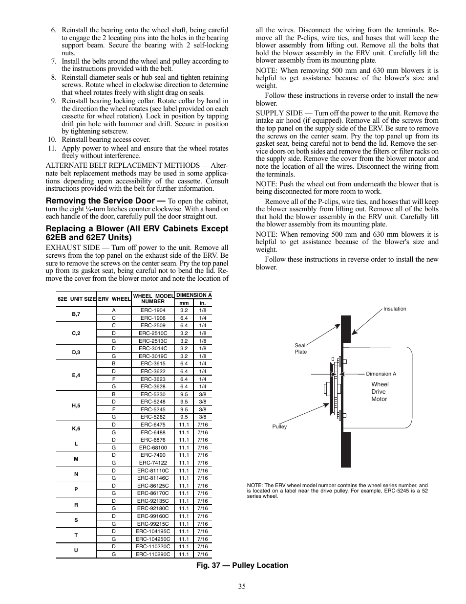 Removing the service door, Fig. 37 — pulley location | Carrier 62E User Manual | Page 35 / 40