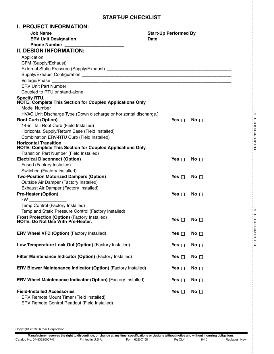 Start-up checklist i. project information, Ii. design information | Carrier 62E User Manual | Page 40 / 40