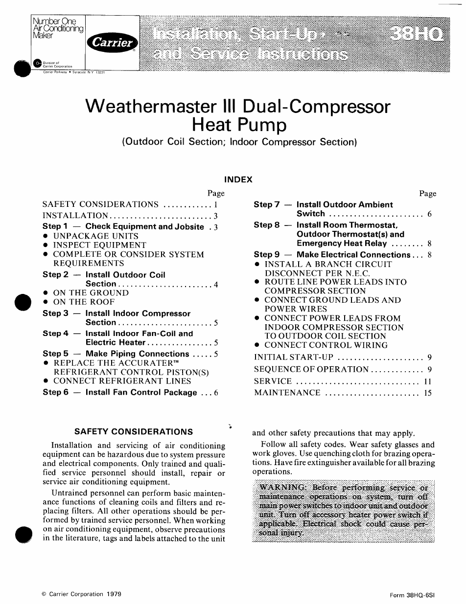 Carrier WEATHERMASTER III 38HQ User Manual | 19 pages