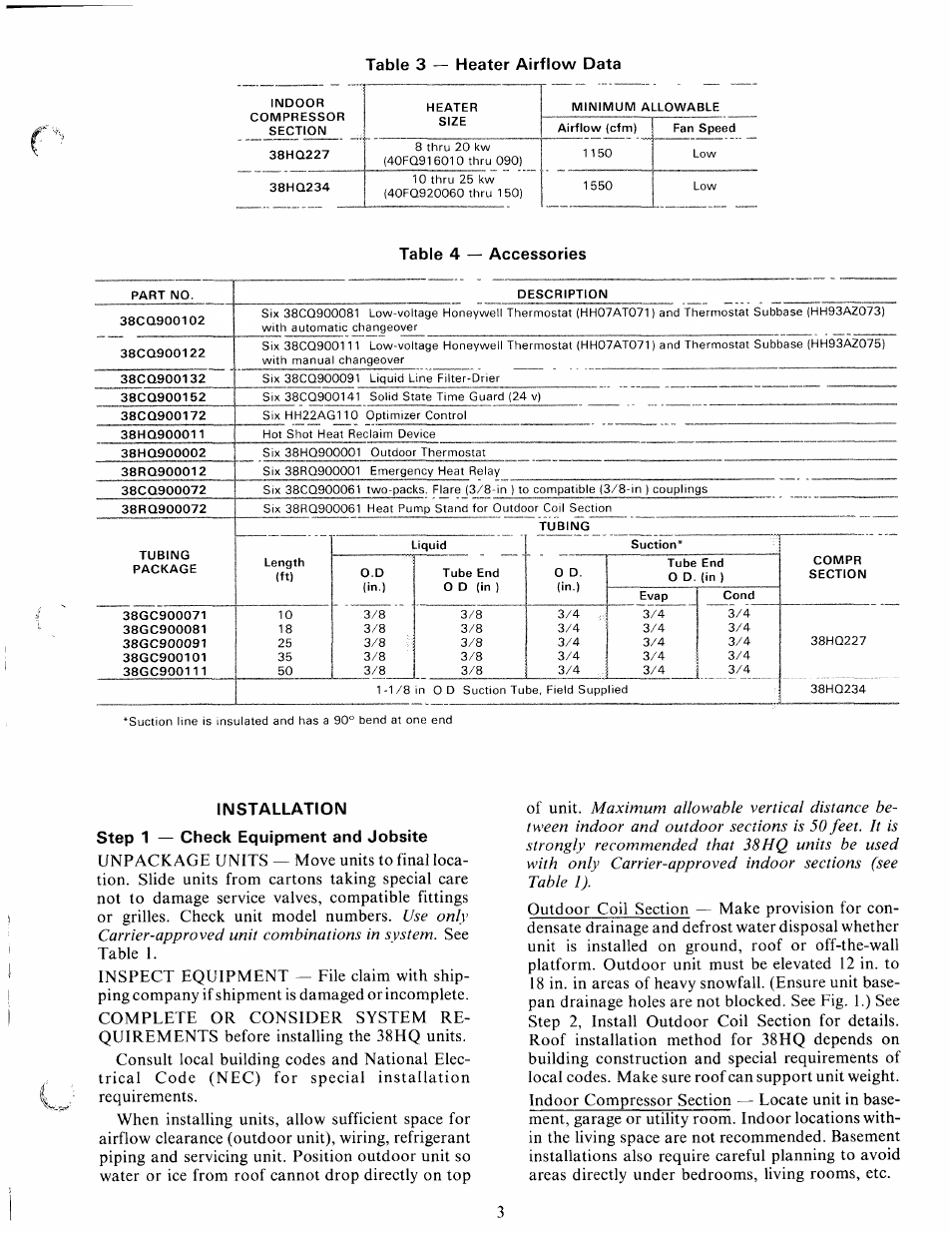 Table 4 — accessories, Installation | Carrier WEATHERMASTER III 38HQ User Manual | Page 3 / 19