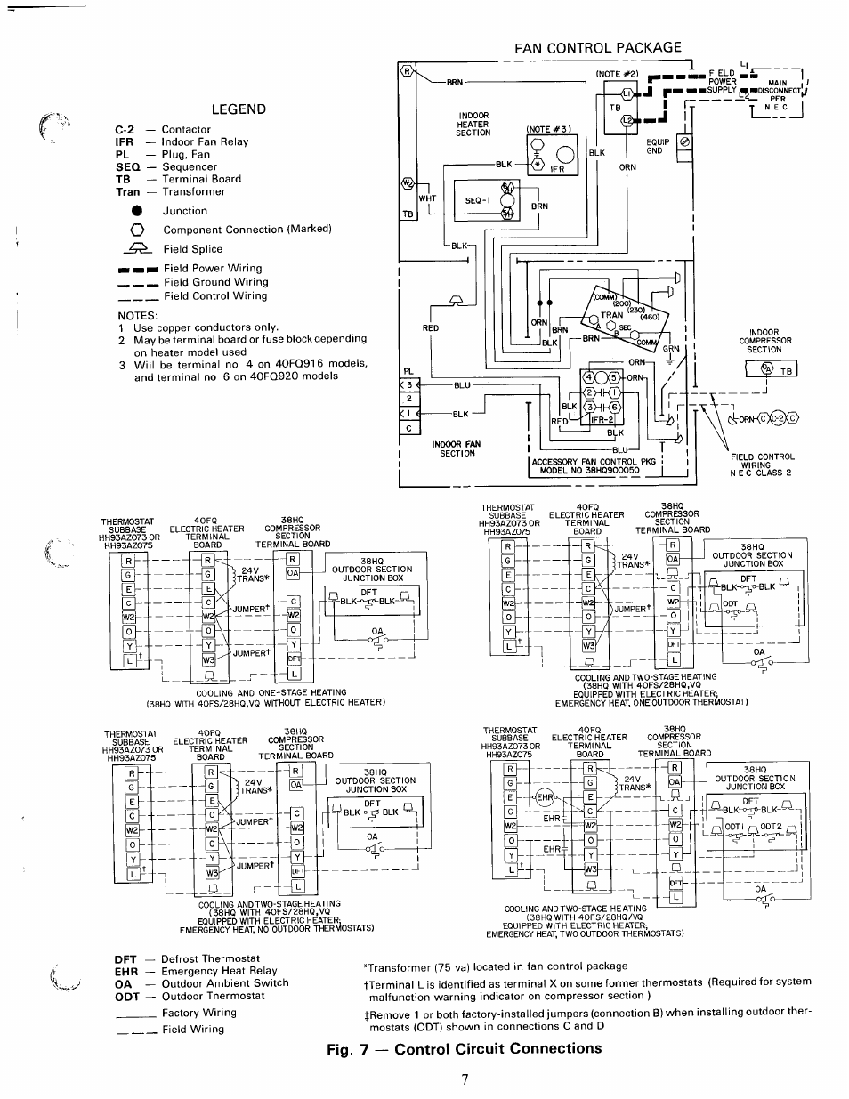 Fig. 7 — control circuit connections, Fan control package, Legend | Carrier WEATHERMASTER III 38HQ User Manual | Page 7 / 19