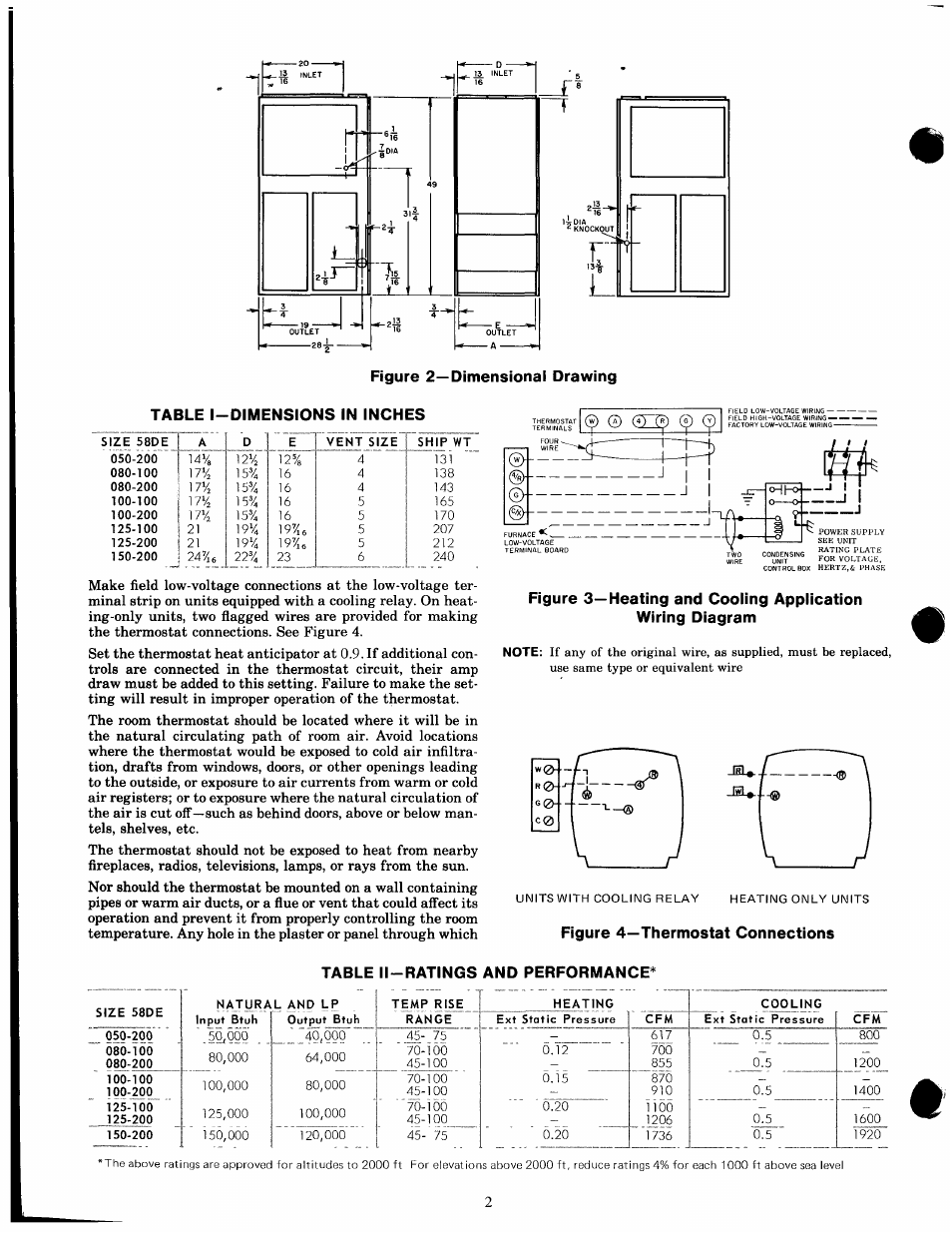 Table l-dimensions in inches, Figure 4—thermostat connections, Table ll-ratings and performance | 0 - 0 —r | Carrier 58DE User Manual | Page 2 / 5