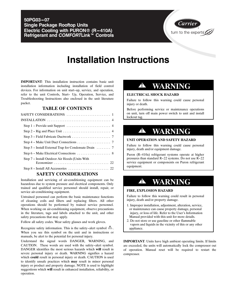 Carrier 50PG03-07 User Manual | 22 pages