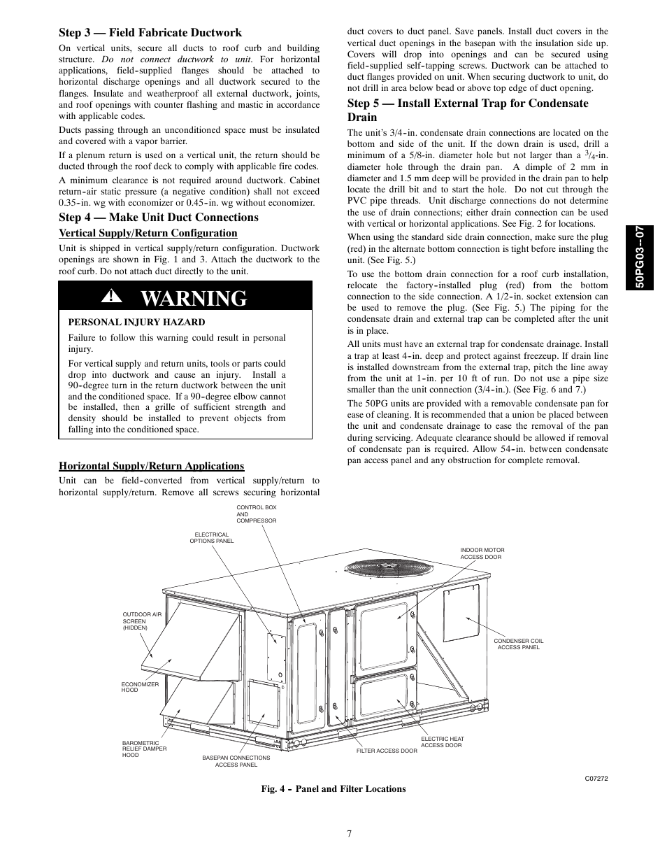 Warning, Step 3 — field fabricate ductwork, Step 4 — make unit duct connections | Carrier 50PG03-07 User Manual | Page 7 / 22