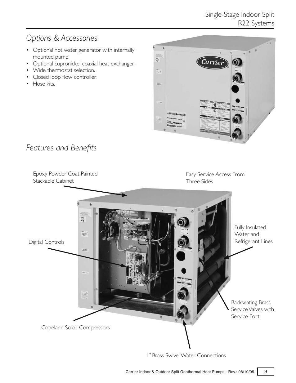 Options & accessories, Features and benefi ts, Single-stage indoor split r22 systems | Carrier GT-S User Manual | Page 11 / 56