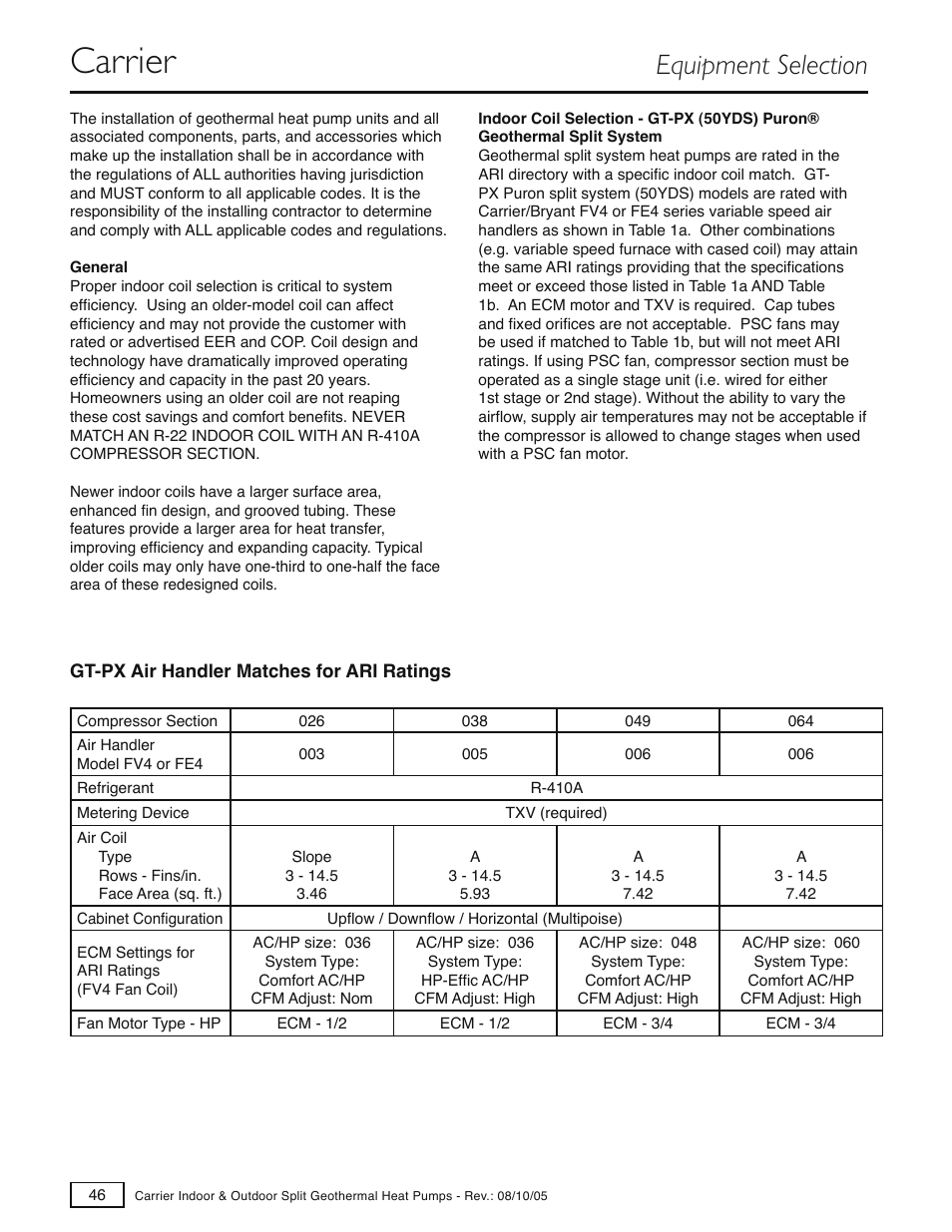 Carrier, Equipment selection | Carrier GT-S User Manual | Page 48 / 56