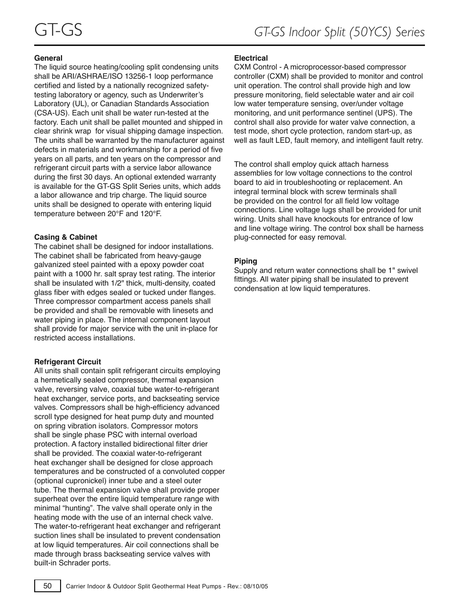 Gt-gs, Gt-gs indoor split (50ycs) series | Carrier GT-S User Manual | Page 52 / 56