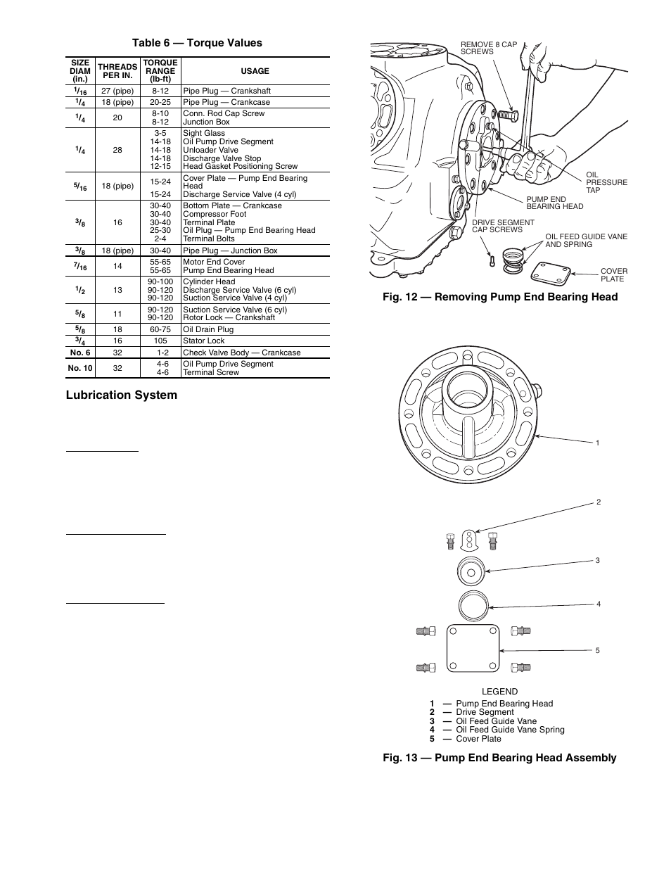 Lubrication system, 13 table 6 — torque values, Fig. 12 — removing pump end bearing head | Fig. 13 — pump end bearing head assembly | Carrier Compressor and Condensing Unit User Manual | Page 13 / 20