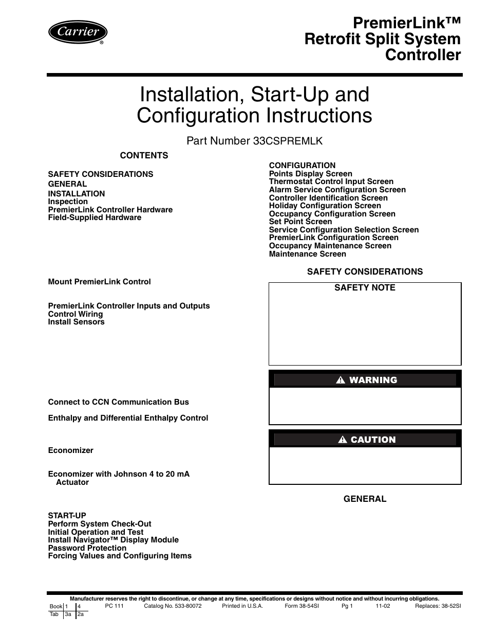 Carrier PREMIERLINK 33CSPREMLK User Manual | 44 pages