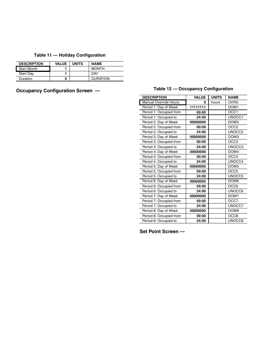 Occupancy configuration screen, Set point screen | Carrier PREMIERLINK 33CSPREMLK User Manual | Page 32 / 44