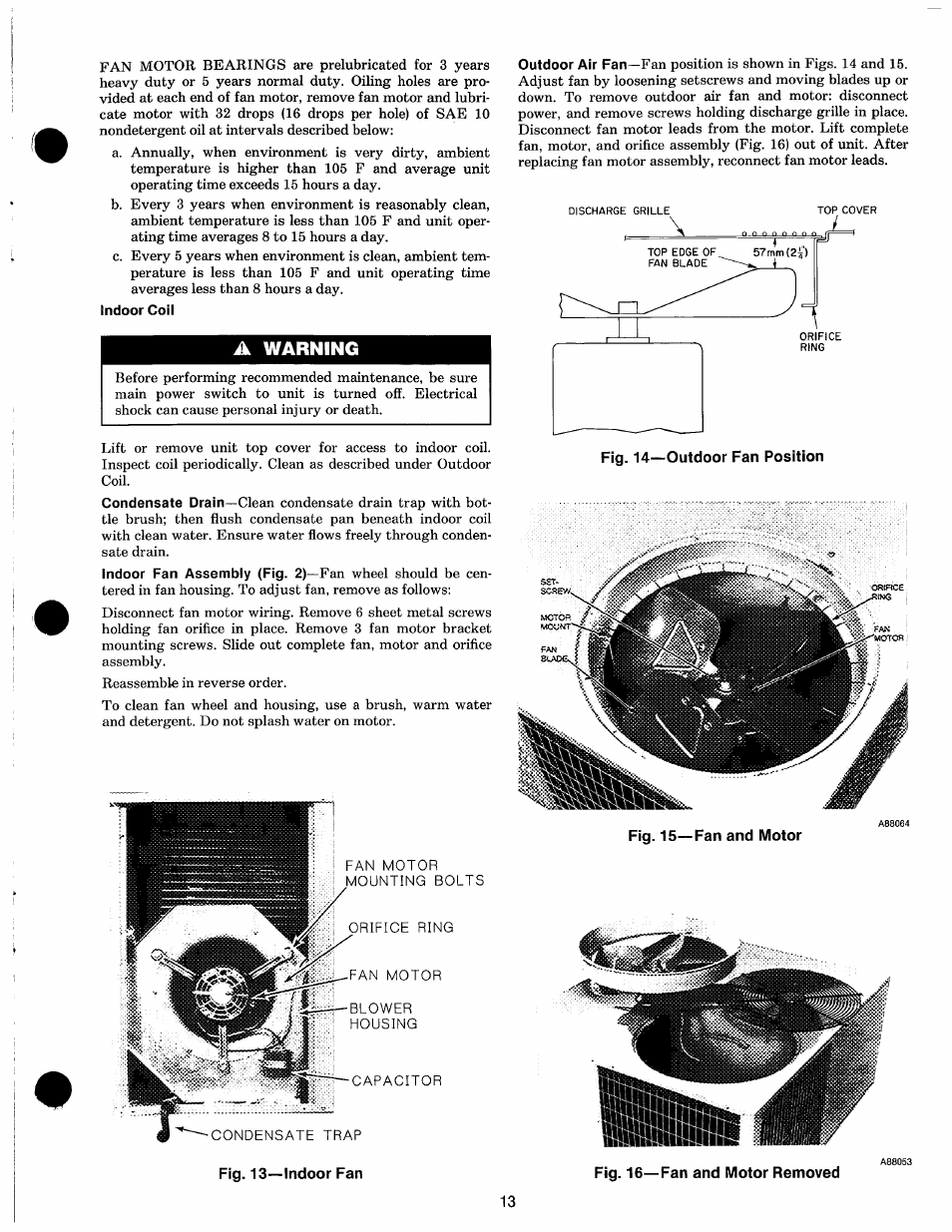 Indoor coil, A warning, Fig. 13—indoor fan | Carrier 50QQ User Manual | Page 13 / 16