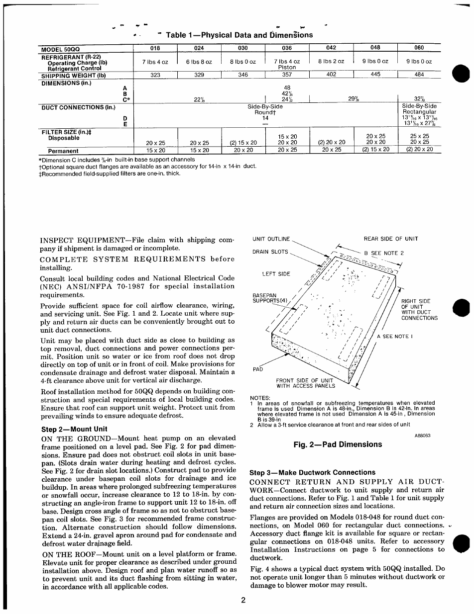 Step 2—mount unit, Fig. 2—pad dimensions, Step 3—make ductwork connections | Step, Mount unit, Make ductwork connections | Carrier 50QQ User Manual | Page 2 / 16