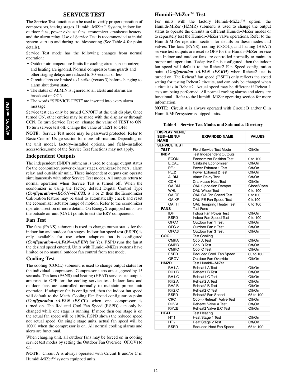 Service test, Independent outputs, Fan test | Cooling test, Humidi−mizer t test | Carrier 48/50PM C16-28 User Manual | Page 12 / 188