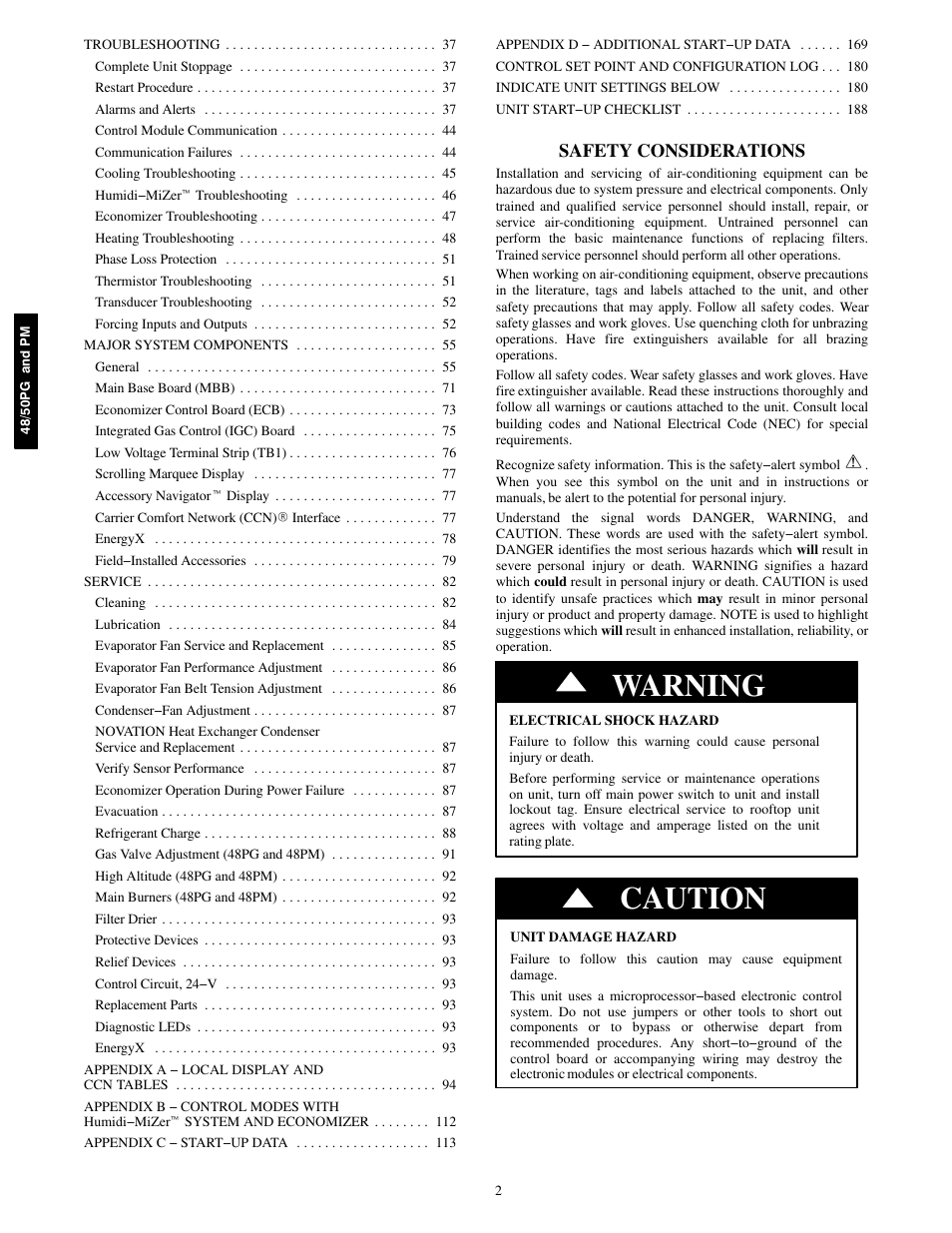 Warning, Caution, Safety considerations | Carrier 48/50PM C16-28 User Manual | Page 2 / 188