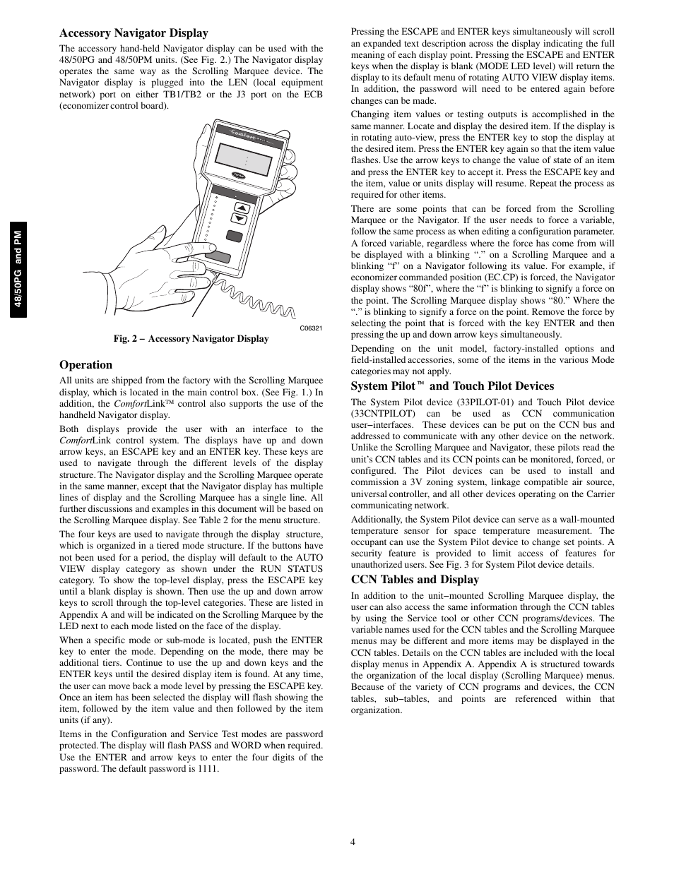 Accessory navigator display, Operation, System pilot t and touch pilot devices | Ccn tables and display, Fig. 2 − accessory navigator display, 48/50pg and pm | Carrier 48/50PM C16-28 User Manual | Page 4 / 188