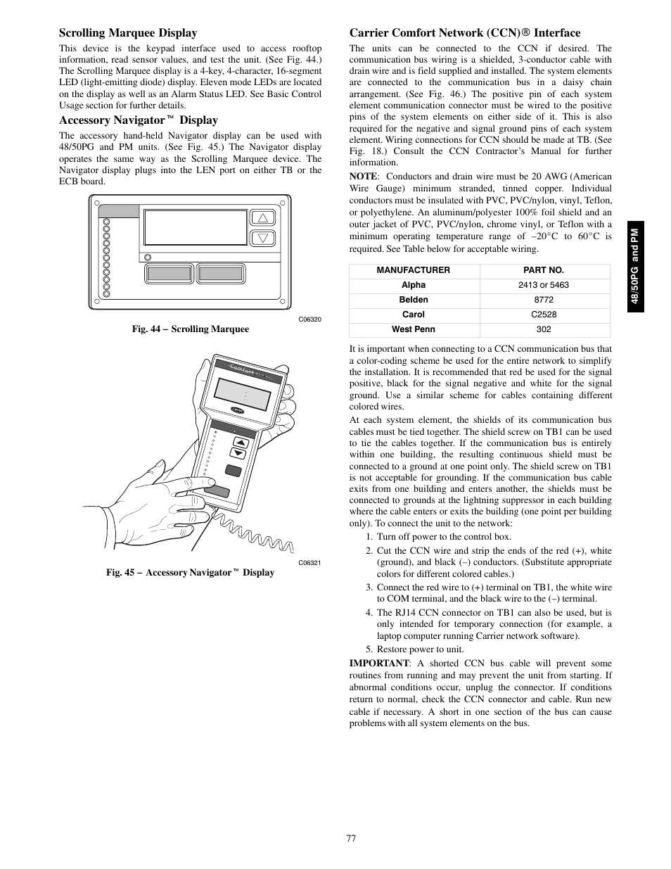 Scrolling marquee display, Accessory navigator t display, Carrier comfort network (ccn) r interface | Fig. 44 − scrolling marquee, Fig. 45 − accessory navigator t display, Enter, Escape, 48/50pg and pm | Carrier 48/50PM C16-28 User Manual | Page 77 / 188